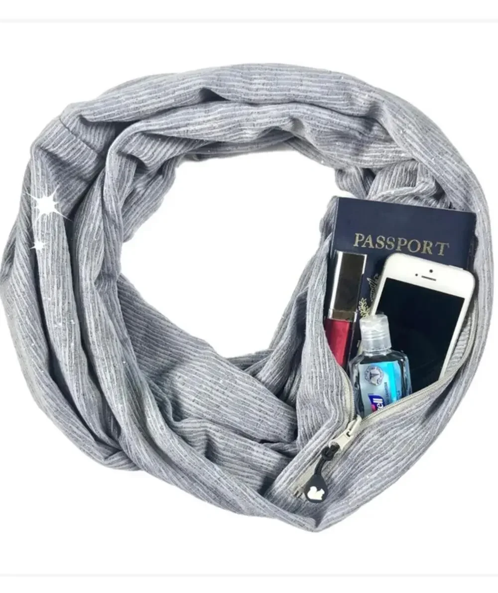 Sholdit Infinity Scarf with Zipper Pocket Gray Silver Sparkle Convertible Pouch